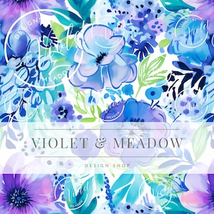 May include: A watercolor floral pattern with blue, purple, and green flowers on a white background. The text "Violet & Meadow Design Shop" is in the center of the image.