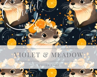 Schattig coquette otter naadloos patroon | Herhalend bestand voor stof | Designbehang met beker | Sublimatie ambacht