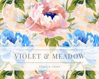 May include: A seamless pattern featuring pink and blue peonies with green leaves on a light peach background. The text "VIOLET & MEADOW DESIGN SHOP" is displayed on a white banner.