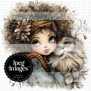 May include: A digital illustration featuring a girl with large eyes and curly brown hair, wearing a floral headpiece and a patterned scarf, cuddling a fluffy cat. The artwork has a whimsical, artistic style.