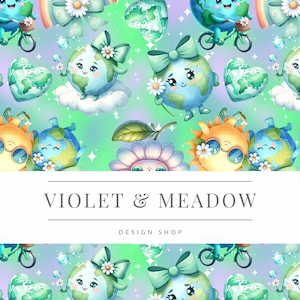 May include: A seamless pattern featuring cute cartoon illustrations of Earth, the sun, flowers, and rainbows. The pattern is on a green and purple gradient background. The text "VIOLET & MEADOW DESIGN SHOP" is displayed on a white banner.