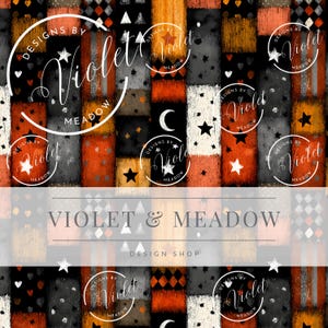 May include: A patchwork design featuring squares in black, orange, gray, and white. The squares are decorated with stars, hearts, diamonds, and a crescent moon. The text "VIOLET & MEADOW DESIGN SHOP" is displayed across the center.