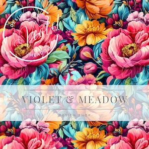 Op de afbeelding: Een levendig bloemenpatroon met grote roze, gele en oranje bloemen met teal groene bladeren op een donkerblauwe achtergrond. De tekst "Violet & Meadow Design Shop" wordt in wit weergegeven op een witte banner.