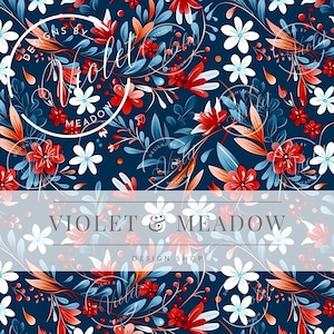Floral July Seamless Pattern | Red, White & Blue Flowers  | Digital File for Fabric Printing and POD