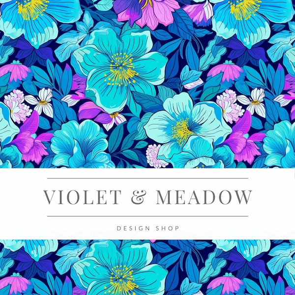 Preppy, Neon Electric Bright Blue, Spring Flowers Watercolor seamless pattern, Preppy Floral, Preppy Tropical Flowers, Seamless Florals