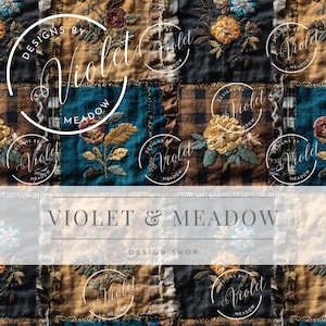 Op de afbeelding: Een patchwork-ontwerp met geborduurde bloemmotieven in goud, blauwgroen en bruin. Het ontwerp bevat de tekst "VIOLET & MEADOW DESIGN SHOP" en de merknaam "Designs by Violet Meadow" in een cirkelvormig logo.