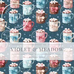 May include: A repeating pattern of mugs filled with marshmallows, each adorned with a bow. The mugs come in various colors, including pink, blue, and brown, set against a dark blue background with snowflakes. The text "VIOLET & MEADOW DESIGN SHOP" is visible.