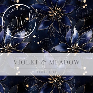 May include: A seamless pattern featuring dark blue flowers with gold accents on a dark blue background. The text "Designs by Violet Meadow" appears in a circle in the upper left corner of the image. The text "VIOLET & MEADOW DESIGN SHOP" appears in the center of the image.