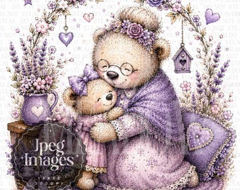 Whimsical Grandma Bear Clipart Bundle | Soft Lavender Floral Teddy Bear Art JPG | Cottagecore Mother Bear Clipart for Sublimation JPEG