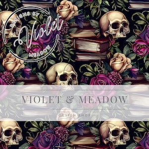 May include: A seamless pattern featuring skulls, roses, and antique books. The background is black and the design is in shades of purple, white, and cream. The text "Designs by Violet Meadow" is in a circle at the top of the pattern.