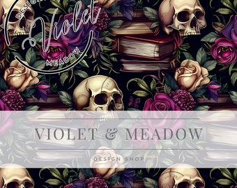 Gothic Skulls and Books Seamless Pattern| Neon Books Seamless Repeat Pattern| Backgrounds | Printable Digital Paper| Decorative Flowers