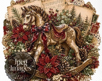 Vintage Christmas Clipart, Christmas , Junk Journal Kit, Christmas Ephemera, Rocking Horse Clipart, Holiday Journal 10 JPGS