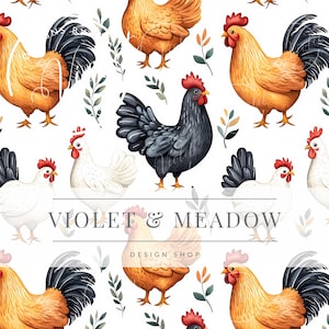 Könnte beinhalten: Ein nahtloses Muster mit Aquarell-Illustrationen von Hähnen und Hühnern in verschiedenen Farben, darunter Orange, Schwarz, Weiß und Grau. Der Hintergrund ist weiß mit grünen Blättern.