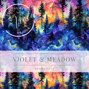 May include: A seamless pattern featuring a colourful abstract background with a swirling, marbled effect in shades of blue, pink, orange, and yellow. Silhouettes of pine trees are scattered throughout the design, creating a whimsical forest scene. The text "Designs by Violet Meadow" appears in the top left corner.