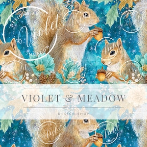 May include: A repeating pattern featuring watercolor illustrations of squirrels holding acorns. The background is a teal blue with floral and leaf accents. The text "VIOLET & MEADOW DESIGN SHOP" is displayed in a banner across the image.