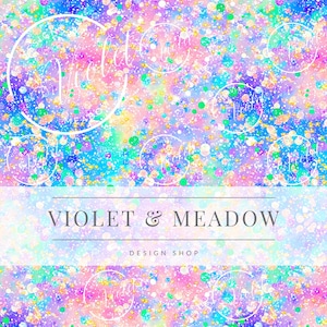 May include: Abstract digital seamless pattern with a rainbow color scheme. The background is a light blue, pink, and purple gradient with a white overlay. The pattern features gold glitter, stars, and circles in various sizes and colors.