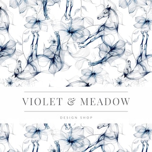 Puede incluir: Un patrón sin costuras con delicados diseños florales azules y caballos abstractos. El texto "VIOLET & MEADOW DESIGN SHOP" se muestra en el centro de la imagen.