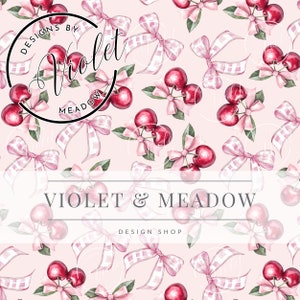 May include: A pink and white gingham bow pattern with red cherries and green leaves. The text "Designs by Violet Meadow" is in a circle at the top of the image. The text "Violet & Meadow Design Shop" is in the centre of the image.