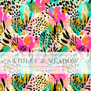 Puede incluir: Diseño de patrón abstracto con una vibrante mezcla de rosa, turquesa, dorado y negro. El diseño incorpora pinceladas, puntos y elementos florales. Se muestra el texto "VIOLET & MEADOW DESIGN SHOP".