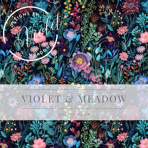 May include: A seamless pattern featuring a dark blue background with a variety of colorful flowers, leaves, and stems. The flowers are in shades of pink, purple, blue, and red. The pattern is perfect for fabric, wallpaper, or other design projects.