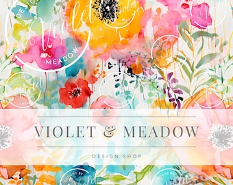 Op de afbeelding: Een aquarel bloemenpatroon met felgele, roze, rode en blauwe bloemen met groene bladeren op een witte achtergrond. De tekst "VIOLET & MEADOW DESIGN SHOP" staat in het midden van de afbeelding.