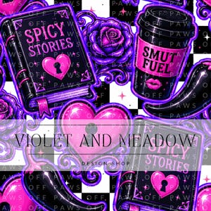 May include: A digital pattern featuring black books with the text Spicy Stories, black coffee cups labeled Smut Fuel, pink heart-shaped locks, purple roses, and black chili peppers set against a black and white checkered background.