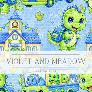 May include: A seamless pattern featuring green cartoon dinosaurs with blue backpacks, a school building with a bell tower, and a yellow school bus labeled DINO BUS. The design includes dinosaur footprints and stars on a light blue background.