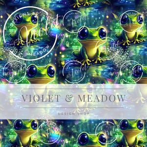Könnte beinhalten: Ein digitales Design mit Cartoon-Fröschen mit großen, dunkelblauen Augen, vor einem Hintergrund aus Wasser und funkelnden Lichtern. Das Design enthält den Text "VIOLET & MEADOW DESIGN SHOP" und ein kreisförmiges Logo.