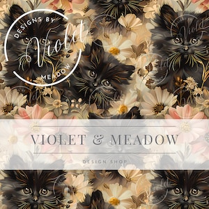May include: A seamless pattern featuring black kittens nestled amongst a field of delicate, beige and pink flowers. The design is titled "Designs by Violet & Meadow".