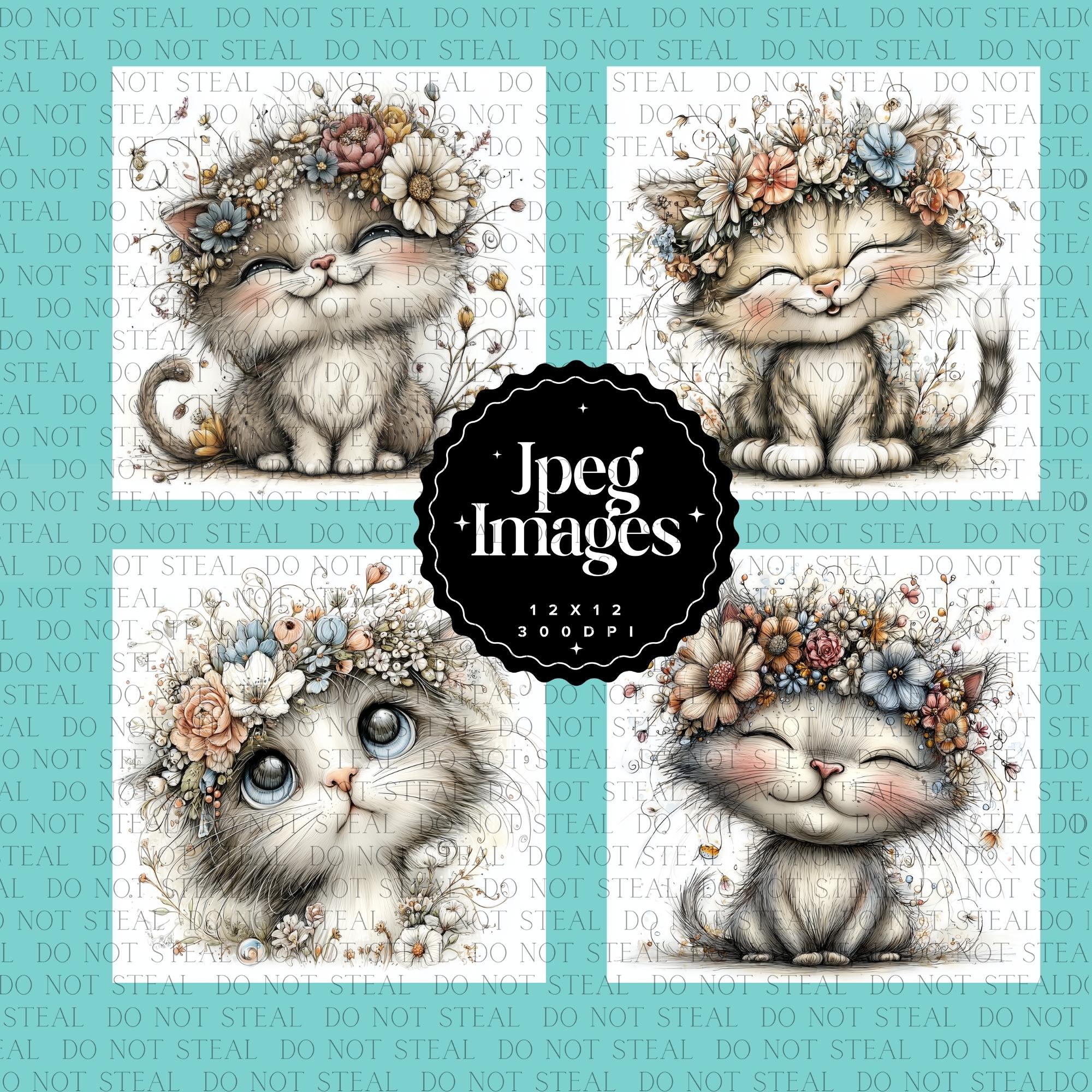 10 Cute Cat Clipart Jpeg – Floral Baby Cat PNG for Nursery Wall Art ...
