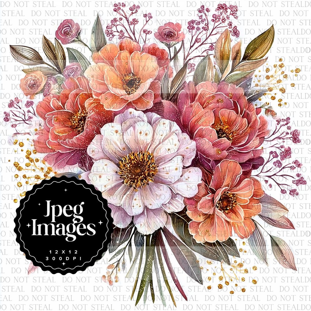 Fall Floral Bouquet Clipart Bundle, Watercolor Flowers With Gold ...