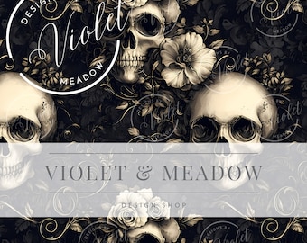 Gothic Skulls and Flowers Seamless Pattern| Neon Books Seamless Repeat Pattern| Backgrounds | Printable Digital Paper| Decorative Flowers