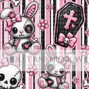 May include: A repeating pattern featuring white stitched plush bunnies with pink bows and skull accents, black coffins with pink crosses, skulls, and pink flowers on a background of vertical black and pink stripes with the text VIOLET AND MEADOW.