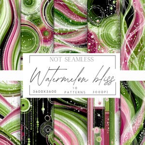 May include: A collection of ten digital patterns with a watermelon theme. The designs feature swirls, lines, and dots in shades of green, pink, and white. The text "Watermelon Bliss" is displayed, along with the dimensions and pattern count.
