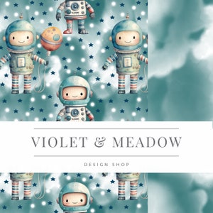 Może przedstawiać: Wzór bez szwów przedstawiający niebieskich i białych astronautów z czerwonymi paskami na nogach, trzymających balony i unoszących się w błękitno-zielonym niebie z białymi gwiazdami. Tekst "VIOLET & MEADOW DESIGN SHOP" znajduje się na dole obrazu.