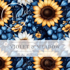 Könnte beinhalten: Ein nahtloses Muster mit Sonnenblumen und blauen Blumen auf dunkelblauem Hintergrund. Die Sonnenblumen sind gelb und goldfarben mit braunen Zentren. Die blauen Blumen sind in verschiedenen Blautönen gehalten. Der Hintergrund ist dunkelblau mit einem dezenten Glitzereffekt.