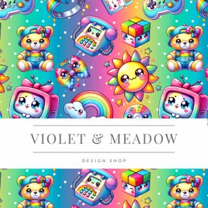 90er Jahre Kawaii Nahtlos | Regenbogen-Nostalgie | Süßes nahtloses Wiederholungsmuster | Hintergründe | Druckbares digitales Papier | Scrapbook-Papier