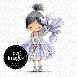May include: Watercolor illustration of a girl in a lavender dress holding a large iris flower. The image has a soft, dreamy quality. The girl has dark hair and is wearing ballet flats. The image includes the text "Jpeg Images 12 x 12 300 DPI".
