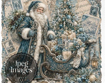 10 Whimsical Blue Christmas Clipart JPG Bundle | Vintage Winter Junk Journal Ephemera | Angel Santa Owl Art Digital Download