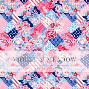 May include: A pink and blue floral fabric with a patchwork design. The fabric features a variety of flowers, including roses, daisies, and forget-me-nots. The fabric is perfect for quilting, crafting, and other sewing projects. The text "Violet & Meadow Design Shop" is printed on the fabric.