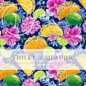 May include: A vibrant pattern featuring tacos, lime slices, and pink hibiscus flowers on a deep blue background. The design includes the text "VIOLET & MEADOW DESIGN SHOP" in a white banner, creating a tropical theme.
