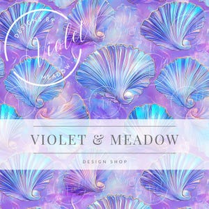 May include: A seamless pattern featuring iridescent blue and purple seashells on a light purple background. The text "VIOLET & MEADOW DESIGN SHOP" is centered at the bottom of the image.