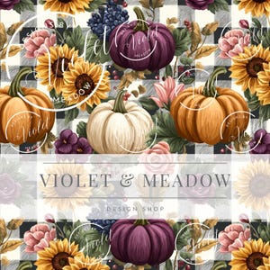 May include: A fall-themed pattern featuring pumpkins, sunflowers, and floral elements on a black and white checkered background. The design includes orange, white, and purple pumpkins, with the text "VIOLET & MEADOW DESIGN SHOP".