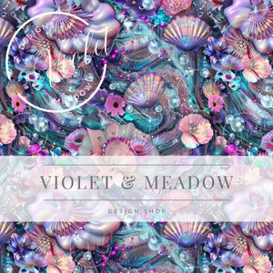 May include: A seamless pattern featuring iridescent seashells, pearls, and pink flowers on a swirling blue and purple background. The text "VIOLET & MEADOW DESIGN SHOP" is at the bottom of the image.