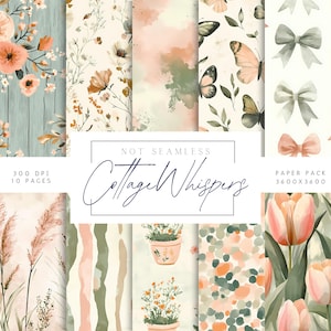 May include: A digital paper pack with 10 pages of various designs. The designs include floral patterns, watercolor textures, and geometric shapes. The paper pack is 300 DPI and is not seamless. The text "Not Seamless Cottage Whispers" is displayed on the image.
