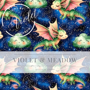 May include: A seamless pattern featuring green dragons with pink wings flying in a blue starry sky with green clouds. The text "Violet & Meadow Design Shop" is at the bottom of the image.