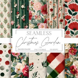 Puede incluir: Una colección de diez patrones sin costuras de Christmas Garden. Los patrones presentan diseños florales con elementos rojos, rosas y verdes. La imagen incluye el texto "SEAMLESS Christmas Garden 3600X3600 10 PATTERNS 300DPI".