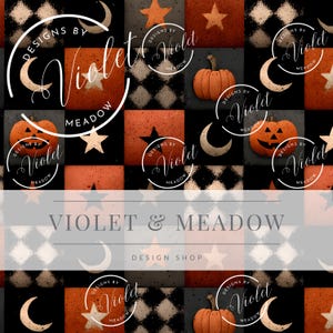 May include: A repeating pattern featuring orange pumpkins, stars, and crescent moons on a black, orange, and white checkered background. The design includes the text "VIOLET & MEADOW DESIGN SHOP" and the brand logo.
