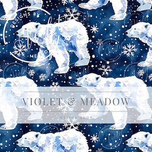 Pode incluir: Um padrão sem costura com ursos polares brancos caminhando sobre um fundo azul escuro com flocos de neve brancos. O texto "VIOLET & MEADOW DESIGN SHOP" está no centro da imagem.