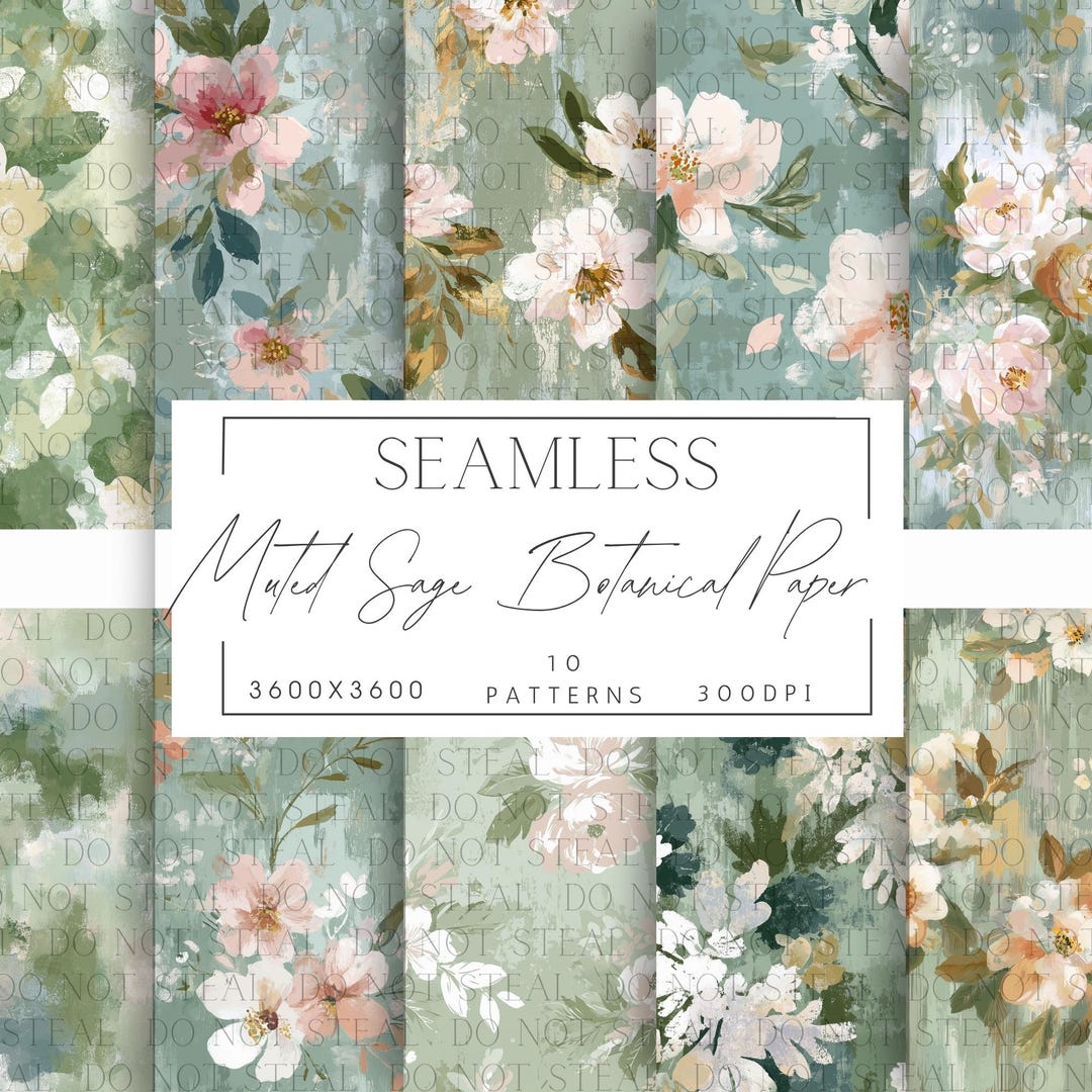 Muted Sage Floral Digital Paper Pack | Vintage Botanical Seamless ...